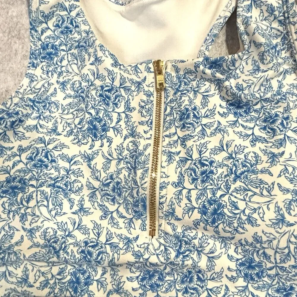 Albion 1 Pc Swimsuit Blue White Floral Tank Top Front Zipper Open Back Womens XL